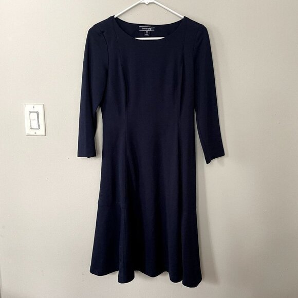 Lands' End Dresses & Skirts - Lands' End dark navy blue midi dress long sleeves boat neckline rayon comfort